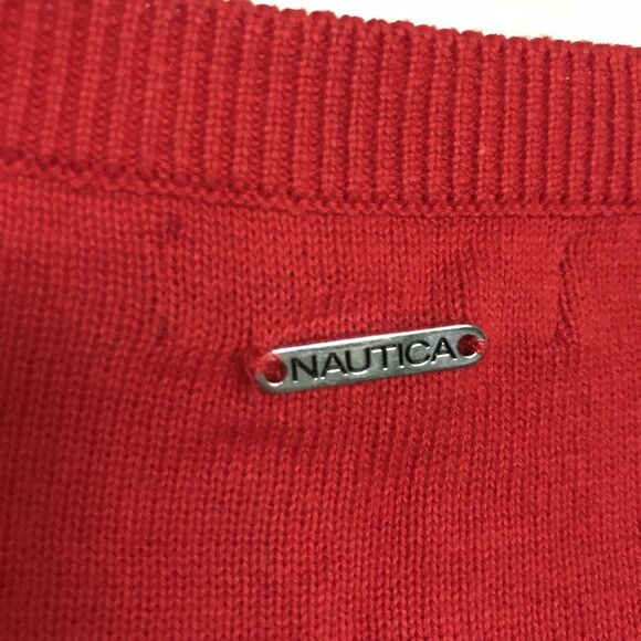 Nautica Red Sweater With Blue Stripes On Cuffs - Size Small - Shoulder Buttons - Picture 5 of 6